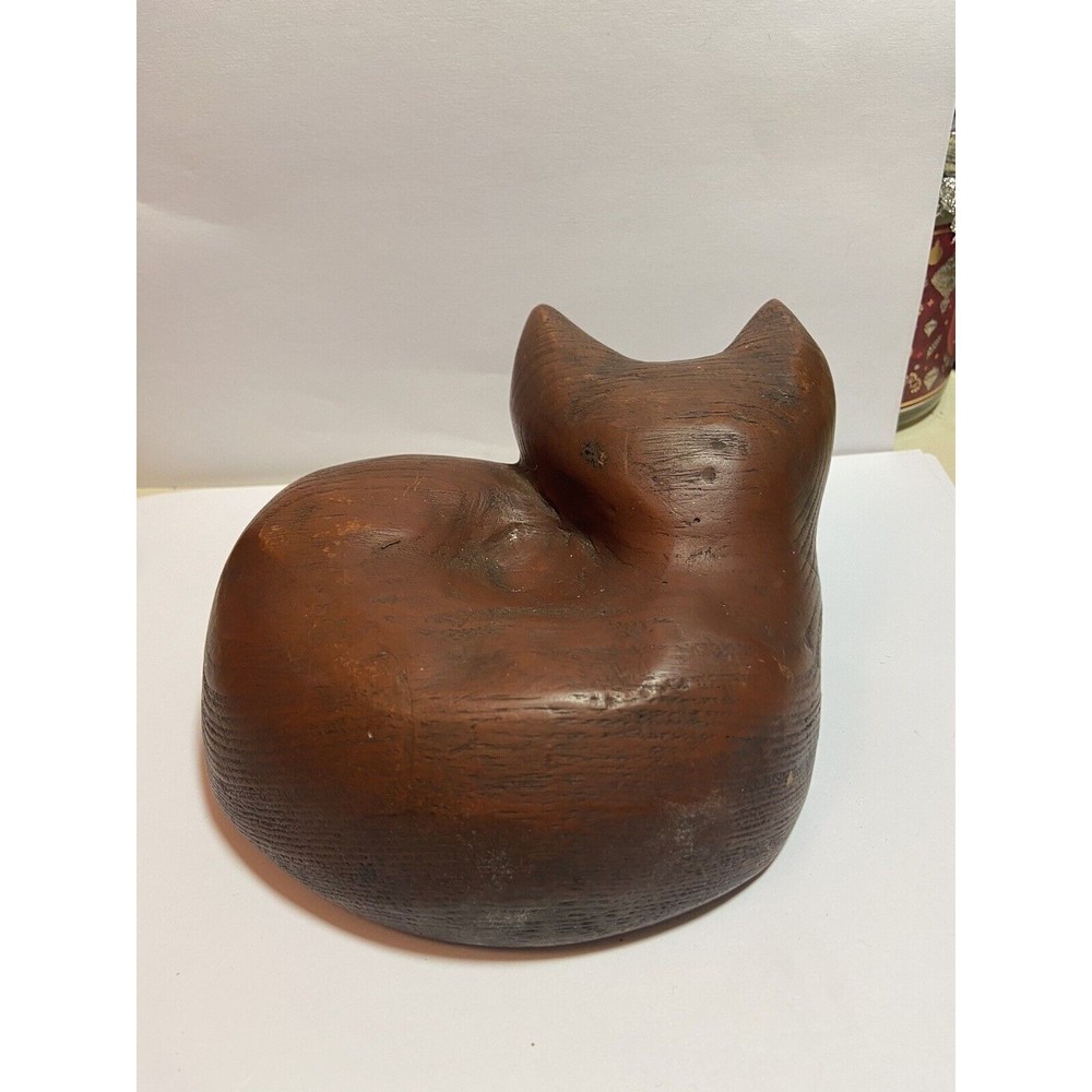 Vintage Wooden Carved Kitten / Cat Sleeping Curled Up Folk Art Kitty SIGNED - Picture 4 of 9